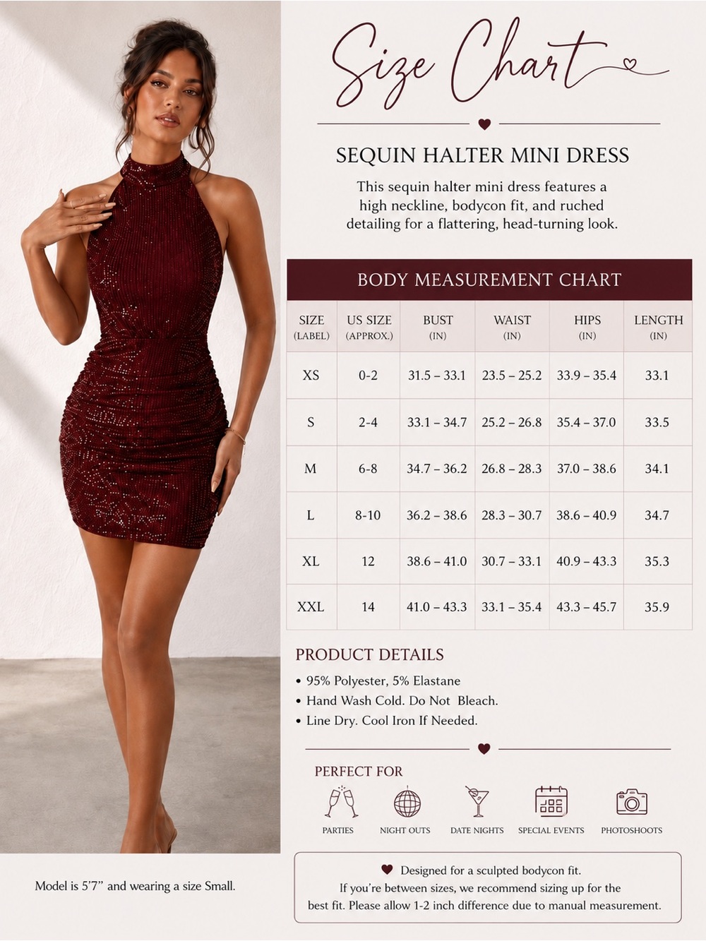 Burgundy Red Sequin Halter Neck Ruched Bodycon Mini Dress - Picture 5 of 5